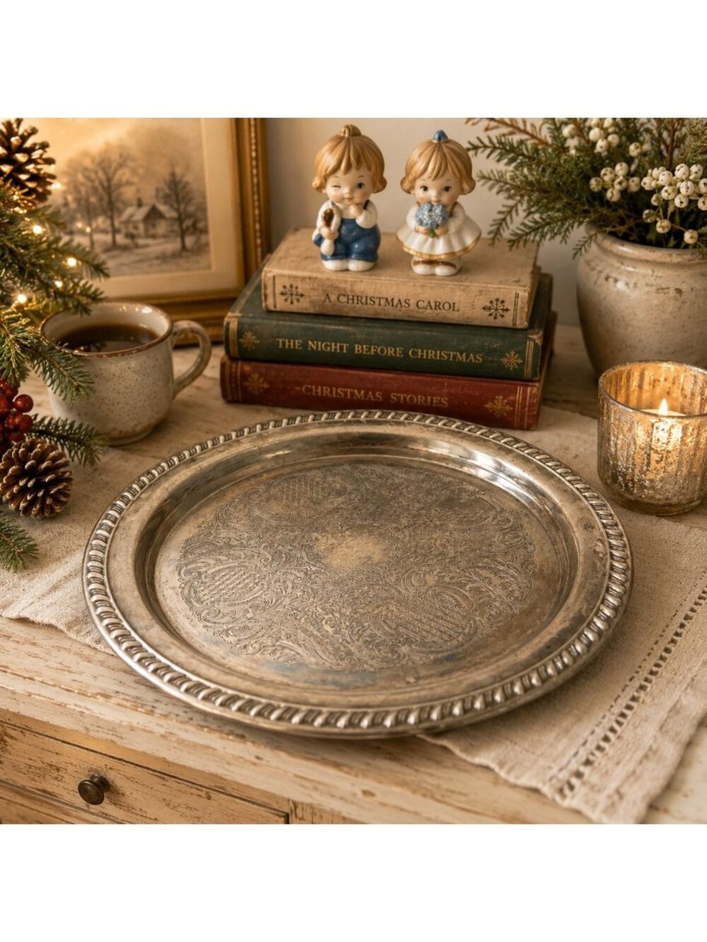 Leonard Silver Plated Engraved Round Serving Tray 12" Elegant Ornate Vintage